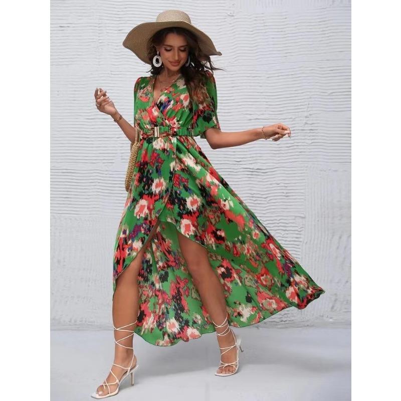 

Летние короткие рукава V-образный вырез пуловер нестандартные пляжные платья XL зелёный