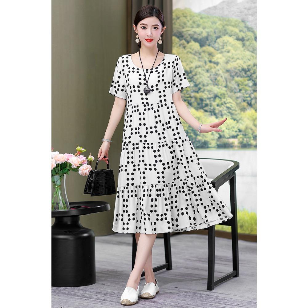 Summer Short-sleeved, Loose and Long Artificial Cotton Dress for Middle-aged and Elderly Women