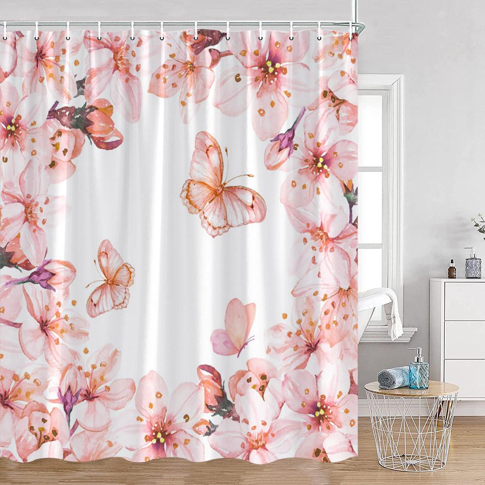 Butterfly Shower Curtains Multicolored Flowers Pastoral Floral Bathroom Decorations Rustic Polyester Bath Curtains with Hooks