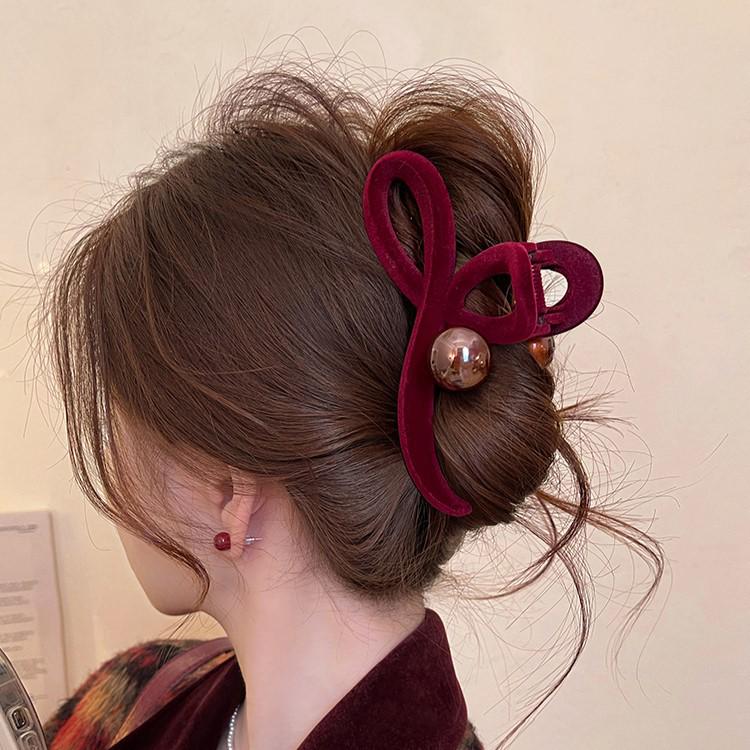 2024 High-End Red Velvet Beaded Shark Hair Clip for Women - Large Size