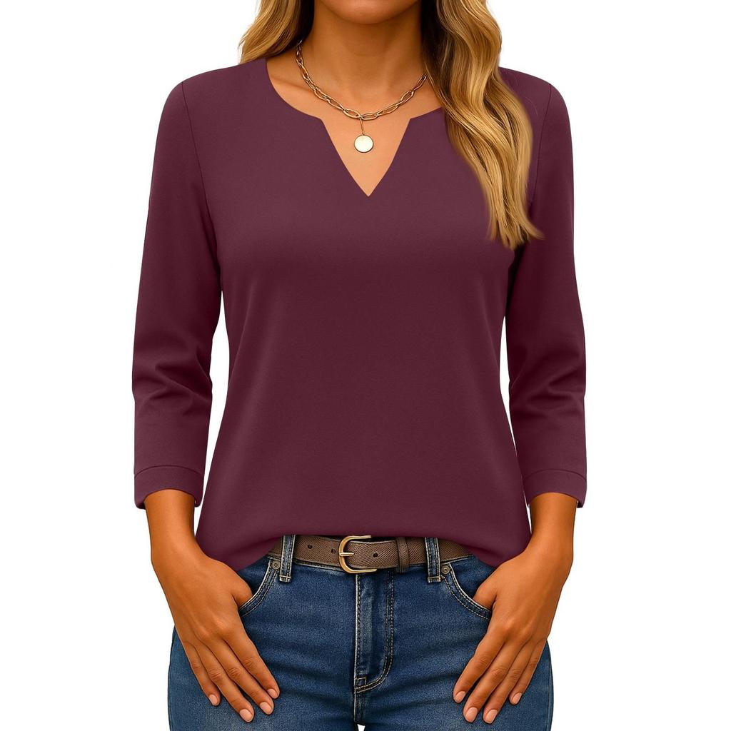 Damen-Tops mit 3/4-Ärmeln, V-Ausschnitt, Basic-T-Shirt, einfarbige Blusen für Damen, Freizeit