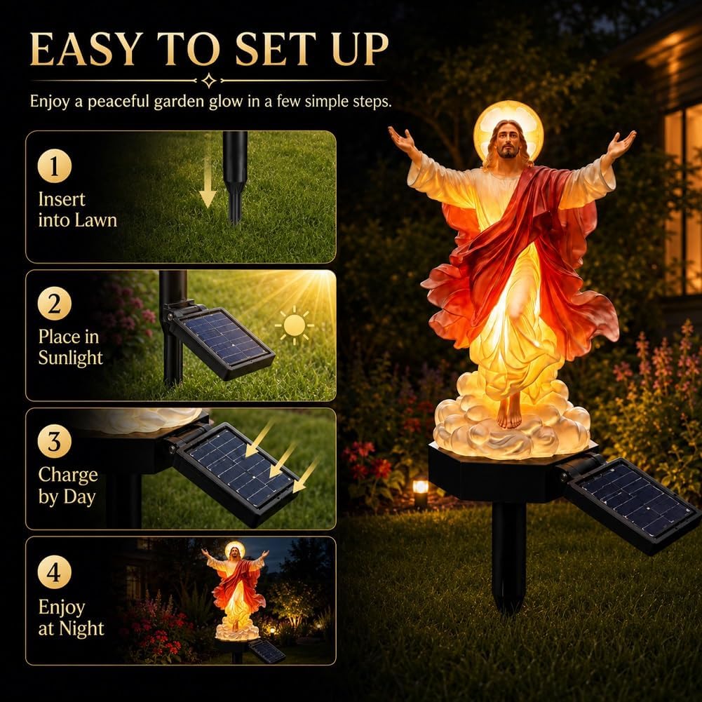 Statua Solare Illuminata di Gesù Cristiano per Giardino Statuetta Impermeabile a LED per Cortile Giardino Patio Prato Decorazione Esterna Illuminata