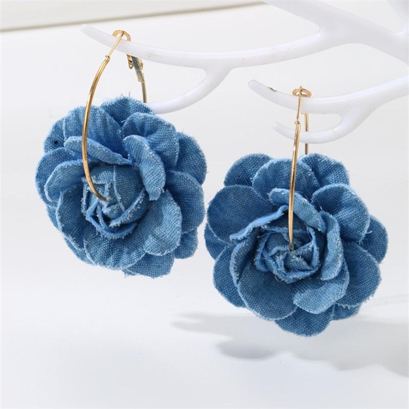 Floral Drop Earrings Lightweight Camellia Earrings Allergy Free Blue Flower Ear Pendants Handmade Denims Ornament