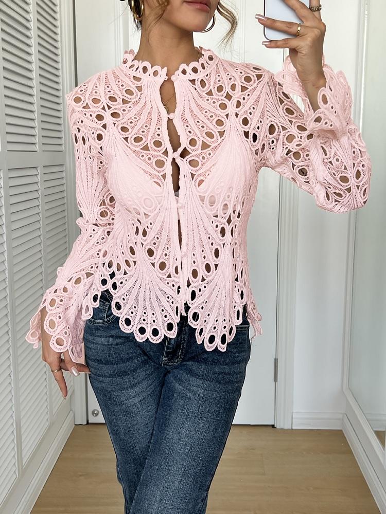 

Сексуальные кружевные рубашки и блузки оверсайз с длинным рукавом для блузки Повседневные весенне-осенние топы женская рубашка на пуговицах XXL розовый