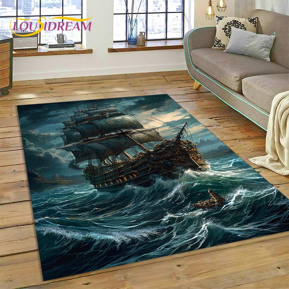 Antikes Piratenschiff Boot, Barke, Segelboot Teppich für Wohnzimmer Schlafzimmer Dekoration, Bodenteppich Rutschfeste Dekoration für Sofa Fußmatte