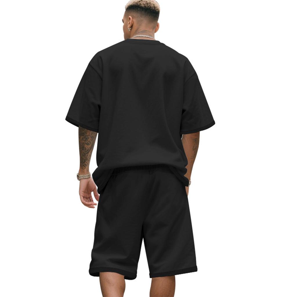Men'S Color Casual Round Neck Short Sleeved Shorts Two-Piece Set
