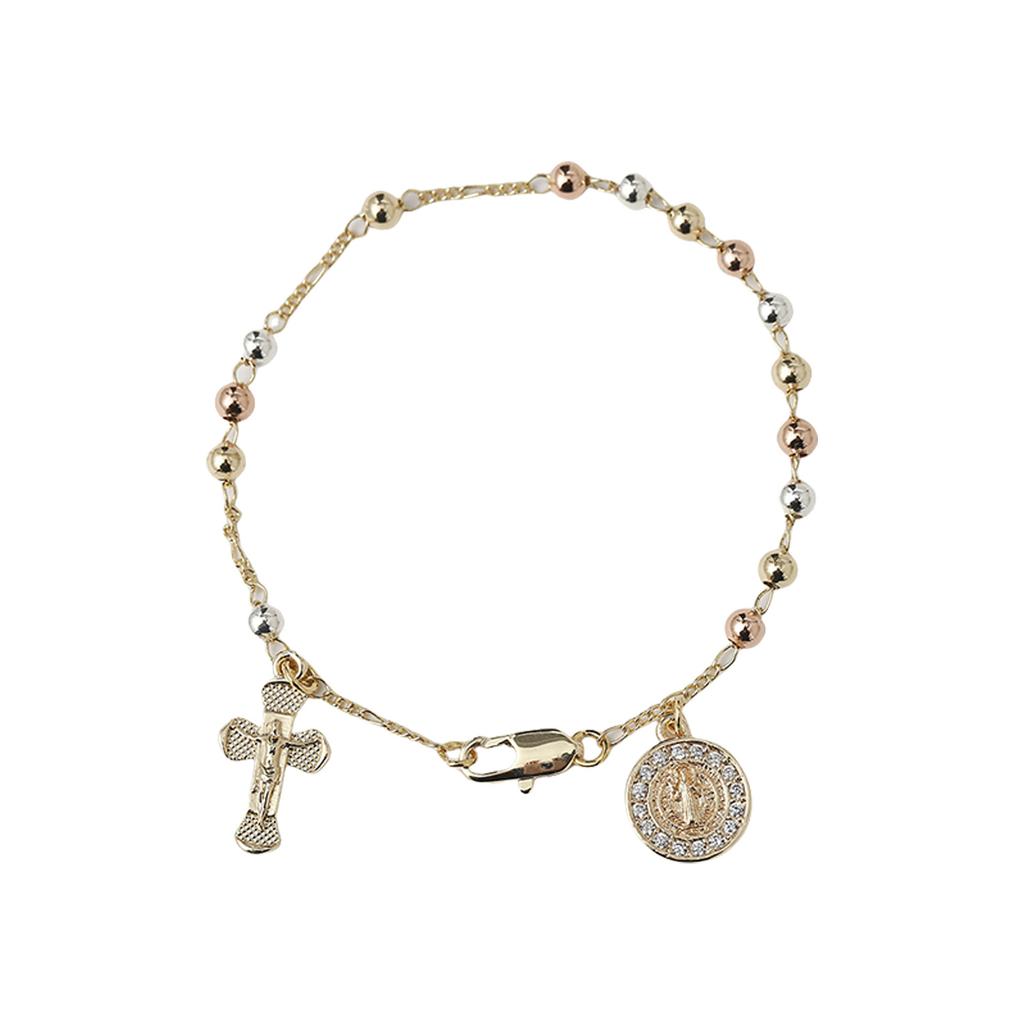 Gold Plated Saint Benedict Rosary Chain Bracelet Religious Jewelry Gift Catholic Metal Bracelet With Crucifix