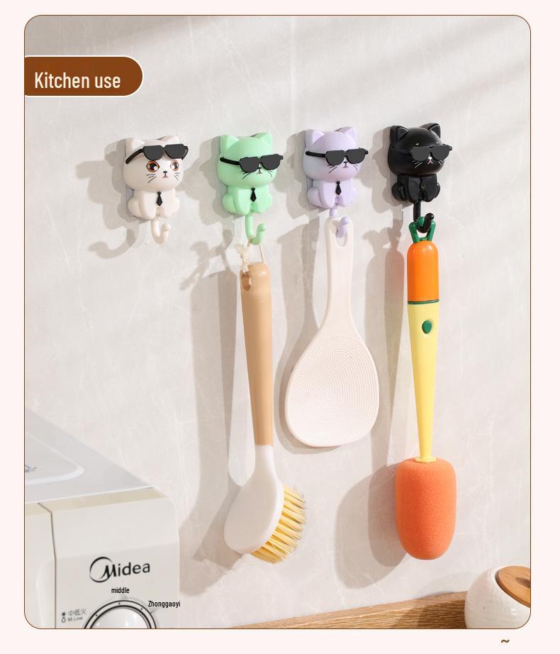 Rotating Black Cat Adhesive Wall Hook for Coats, Keys, and Hats - No-Drill Installation