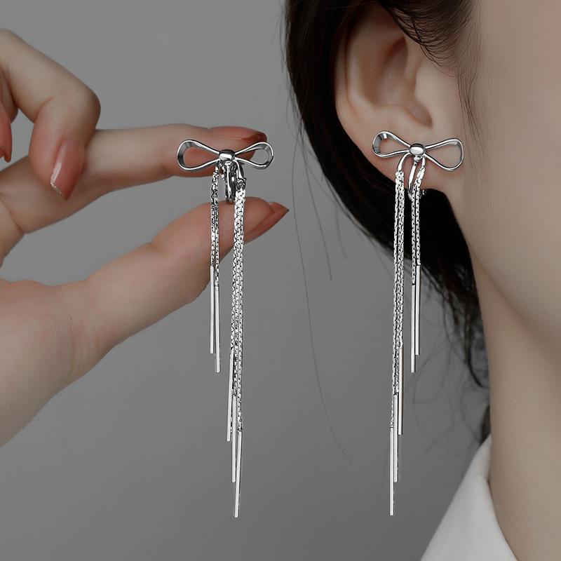 VENTFILLE 925 Sterling Silver Bowknot Clip Earring for Women Hollow Out Tassels Ins Versatile Geometry Jewelry Gift Dropshipping