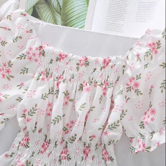 Small Fresh Floral Shirt Female Summer Slim Sweet Spicy Square Neck Puffy Sleeves Thin Tops Tide Elastic Waist