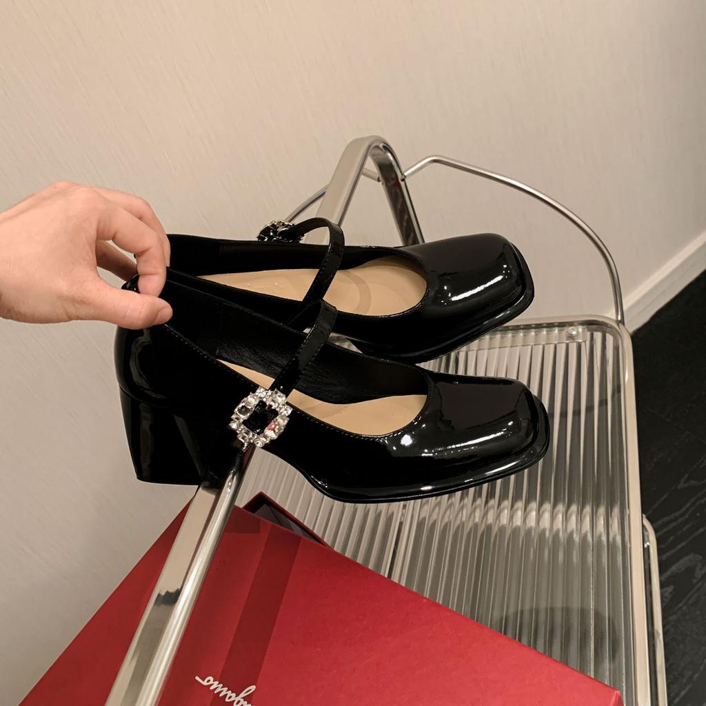Spring 2025 French patent leather square head thick heel high heels women's one-button Mary Jane shoes Korean version of all-match single shoes