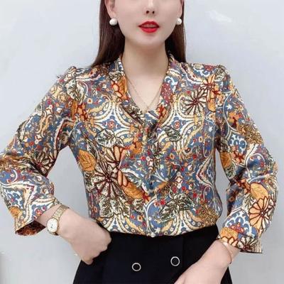 Fashion Temperament Loose Flowered Shirt New Classic Long Sleeve Scarf Collar Butterfly Bow Autumn All-match Lady Chiffon Top