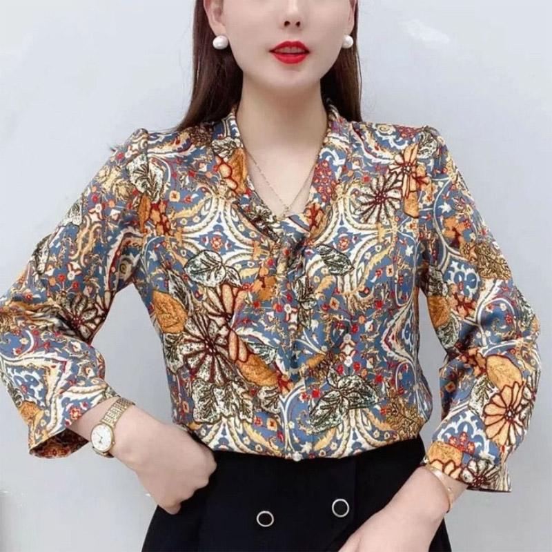 Fashion Temperament Loose Flowered Shirt New Classic Long Sleeve Scarf Collar Butterfly Bow Autumn All-match Lady Chiffon Top