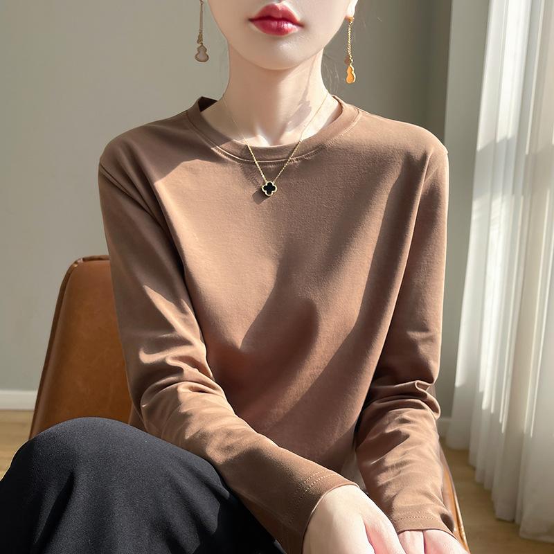 Spring Autumn Cotton Long-Sleeved T-Shirt Women's Round Neck Mercerized Cotton Bottoming Shirt Loose Top