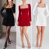 Rochie de femeie cu flori cu strass decolteu pătrat cu mâneci lungi, linie A, culoare solidă, mini rochie, până la genunchi, rochie de primăvară de toamnă pentru petrecere de întâlniri