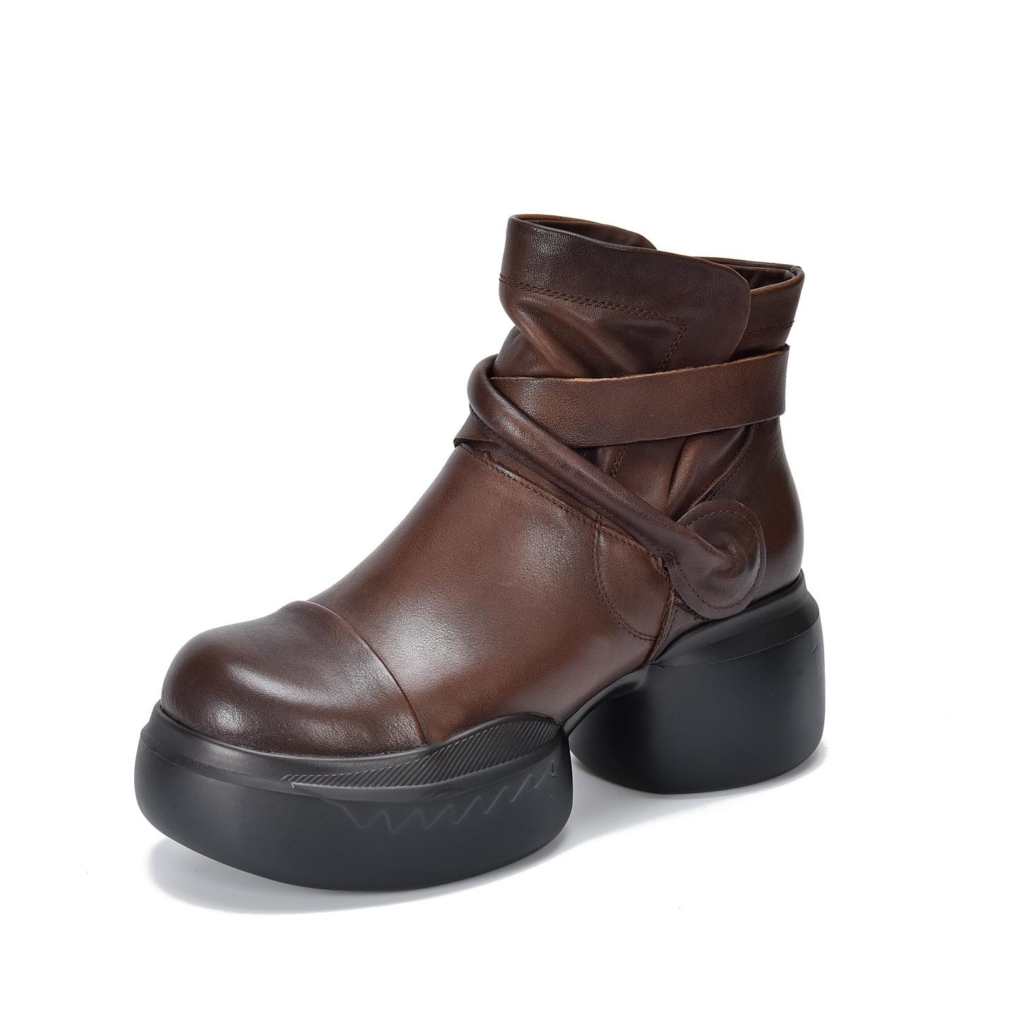 

Johnature Genuine Leather Retro Thick Soled Short Boots Versatile Round Toe Women s Platform Boots 34