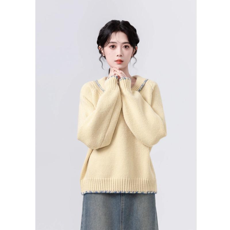 Gelber Reverskragen Damen Strickpullover Einzigartige Schnalle Modisches Damenoberteil Koreanischer Lässiger Lockerer Pullover