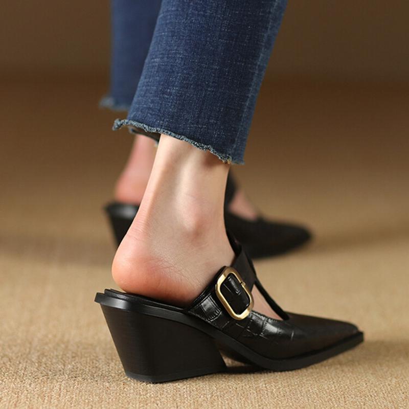 Fashion NEW Summer Women Mules Genuine Leather Shoes for Women Cover Toe Wedges Slippers Belt Buckle Pointed Toe Black Women Sandals