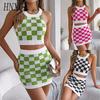Spring Summer Color-blocking Checkered Crop Top, Hip-hugging Skirt, Knitted Suit Women's Wear