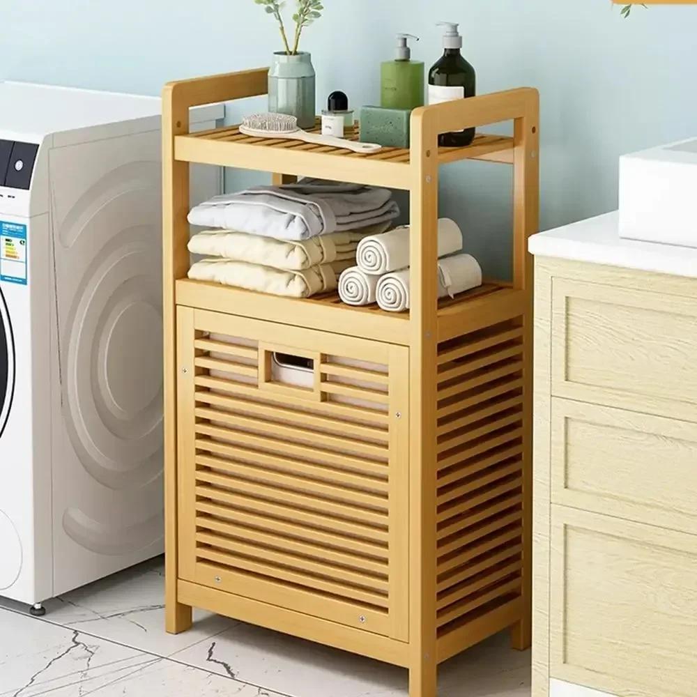 Laundry Hamper with Shelf 3/4 Tier Wooden Storage Rack High-capacity Dirty Clothe with Tilt Out Basket Bathroom Laundry Basket