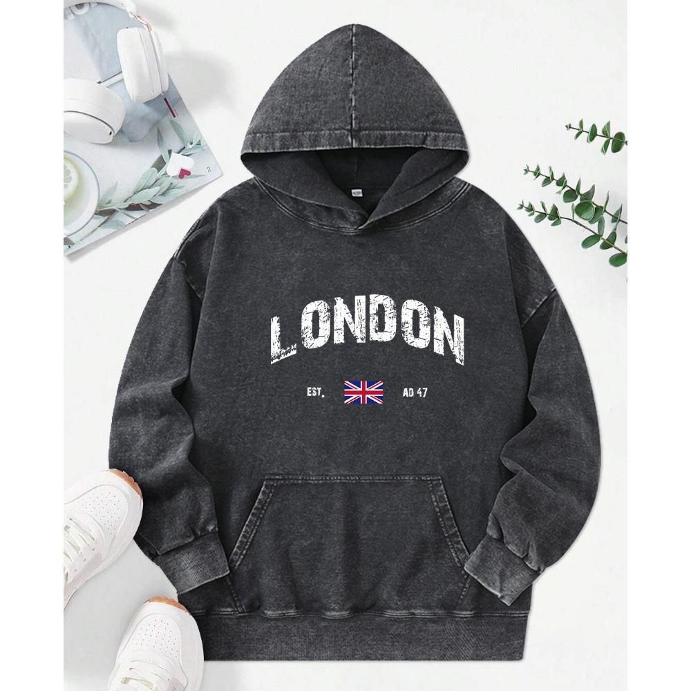 London Retro Art Buchstabenaufdruck Gewaschener Hoodie Damen Herbst Trendy Kapuzenpullover Vintage Locker Sportbekleidung Streetstyle Baumwolle