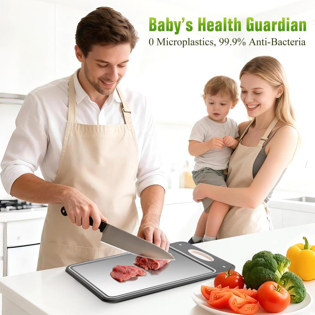 Titanium Cutting Board for Kitchen Double Sided Design Pure Titanium Metal Side for Meat Fish Wheat Straw PP Side for Fruits Vegetables Dishwasher Sa