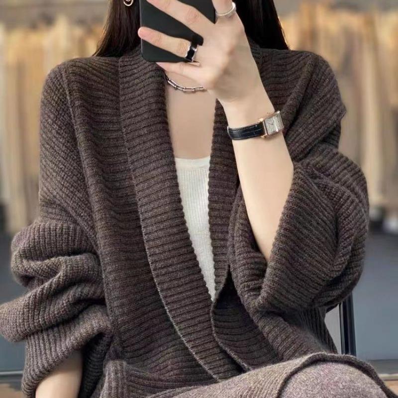 Autumn and Winter New Lapel Medium and Long Loose Cardigan Women's Solid Color Gentle and Lazy Knitted Sweater Jacket