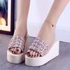 New summer wear high-heeled thick-soled women's non-slip sandals one-word slippers women's slope heel fashion beach seaside women's slippers