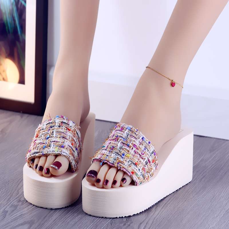 New summer wear high-heeled thick-soled women's non-slip sandals one-word slippers women's slope heel fashion beach seaside women's slippers
