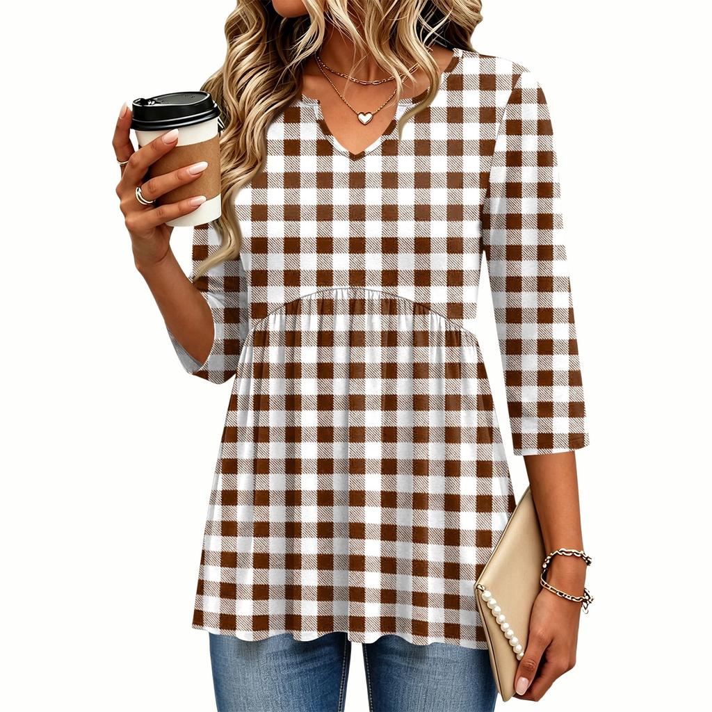 Women's Casual Floral Print V-Neck Three-Quarter Sleeve Blouse for Spring and Summer
