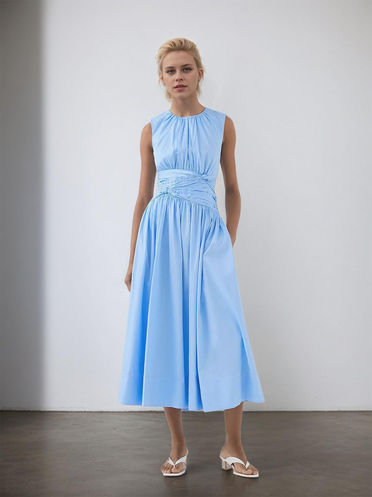 European and American temperament elegant European and American fresh blues crew neck pleated pocket versatile wide pendulum women s dress S