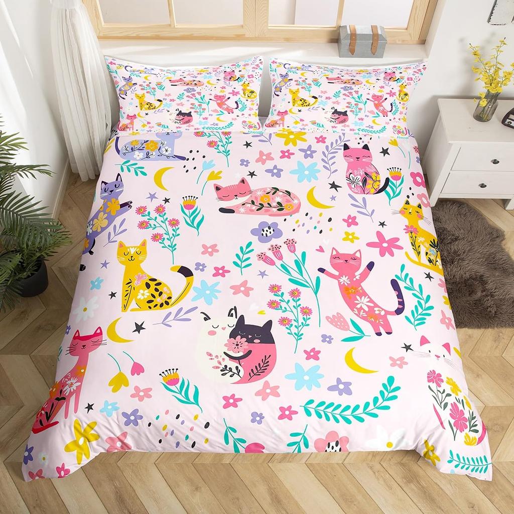 Cats Soft Duvet Cover Set Twin for Young Girls Chic Adorable Lovely Cat Patern Beding Set Digital Print 3D Cat Warm Comforter Cover