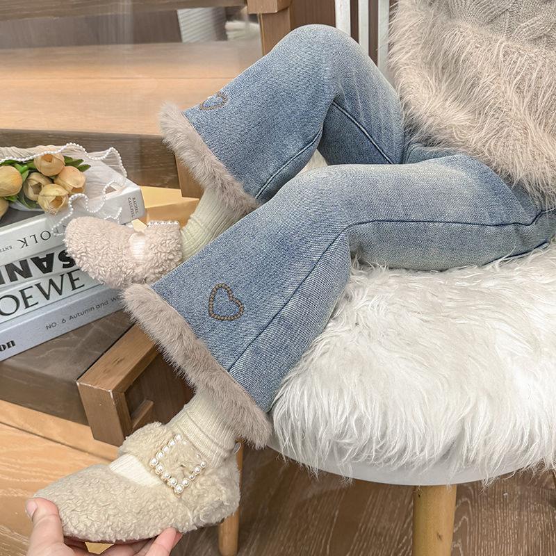 

Girls Fleece Lined Flared Jeans Thickened Winter Pants Stylish Bell Bottom Trousers for Baby Toddlers 130