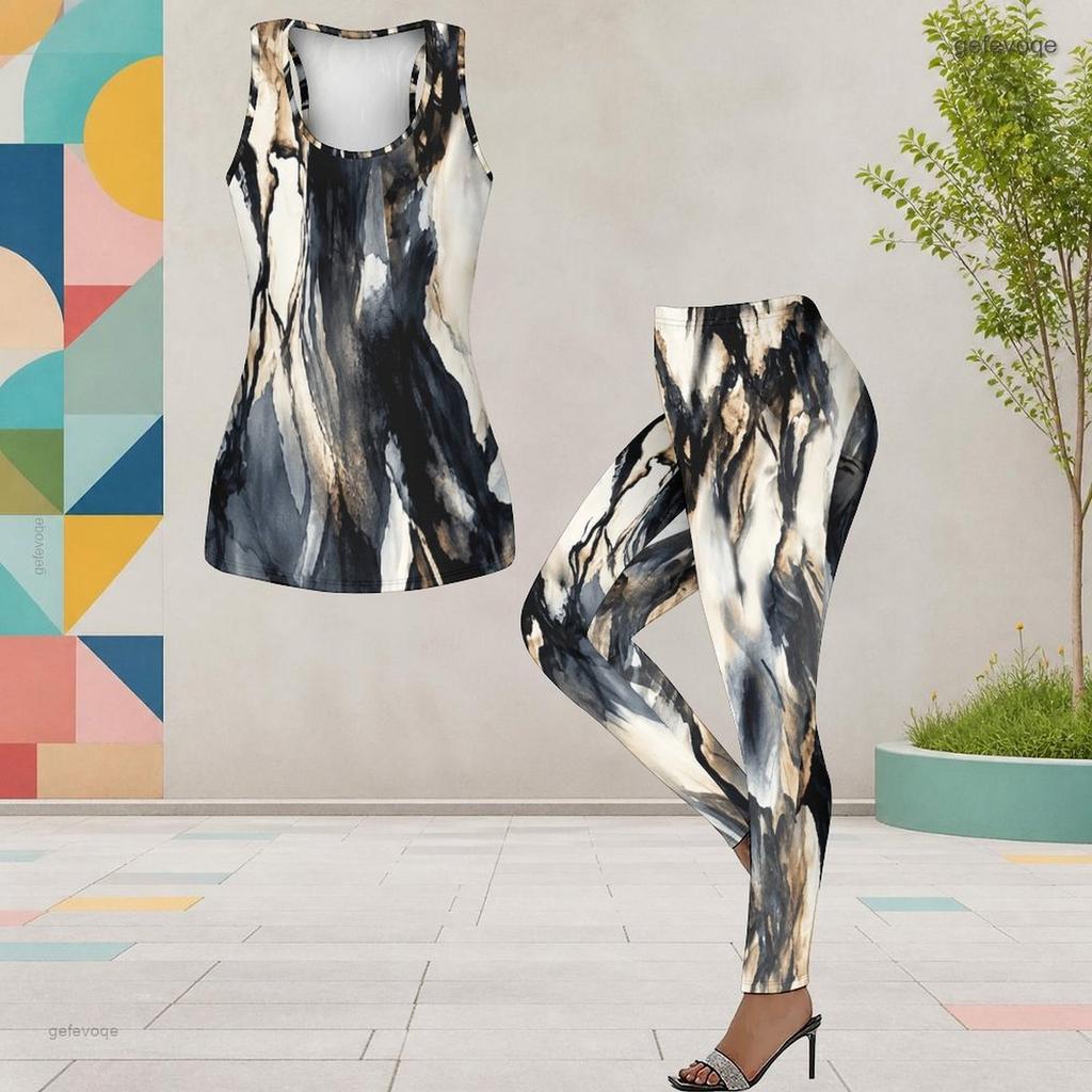 Women Plus Size Printed Two Piece Outfit Scoop Neck Sleeveless Tank Top And Fitted Pants