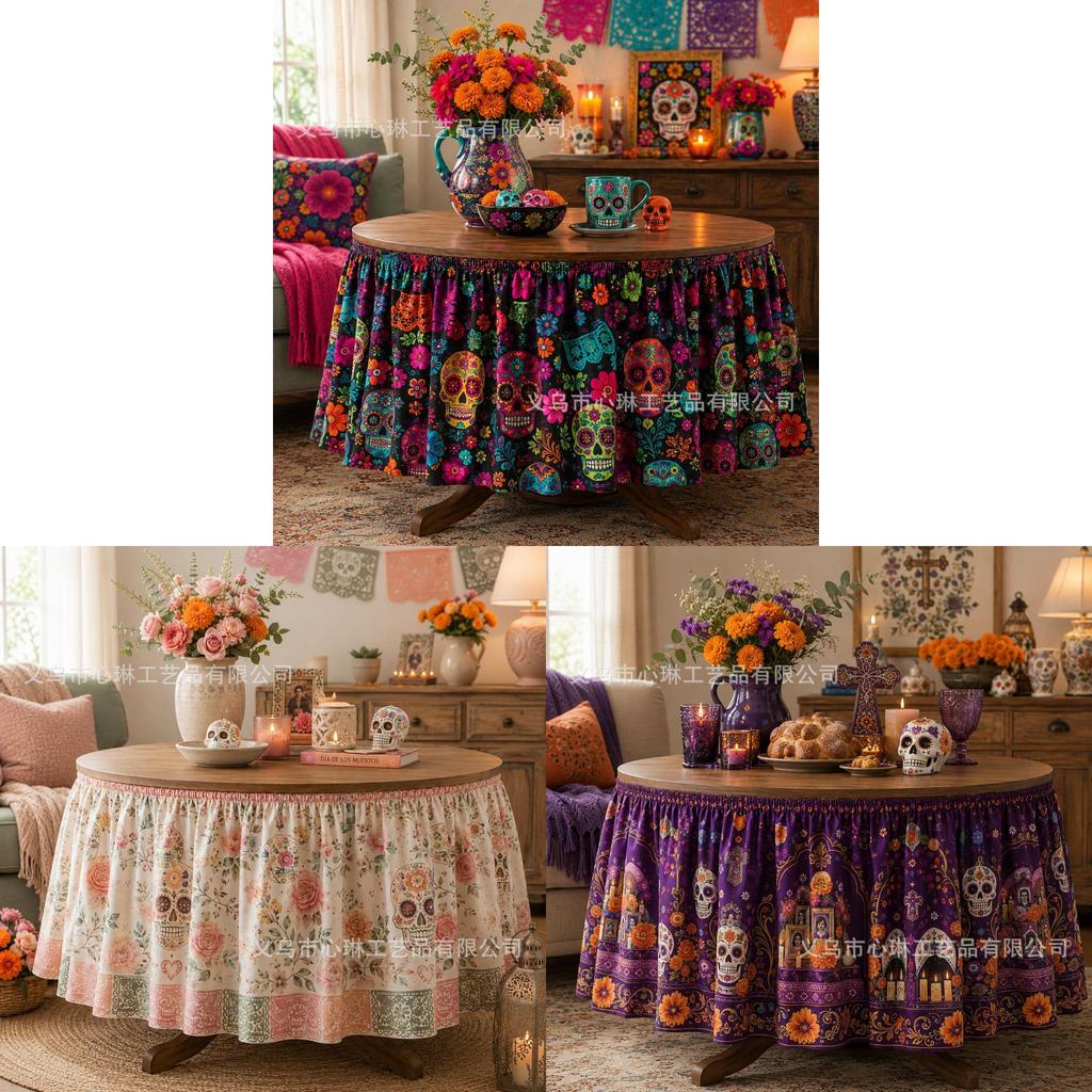 Dia De Los Muertos Table Skirt Mexican Skull Pattern Polyester Party Decor For Events
