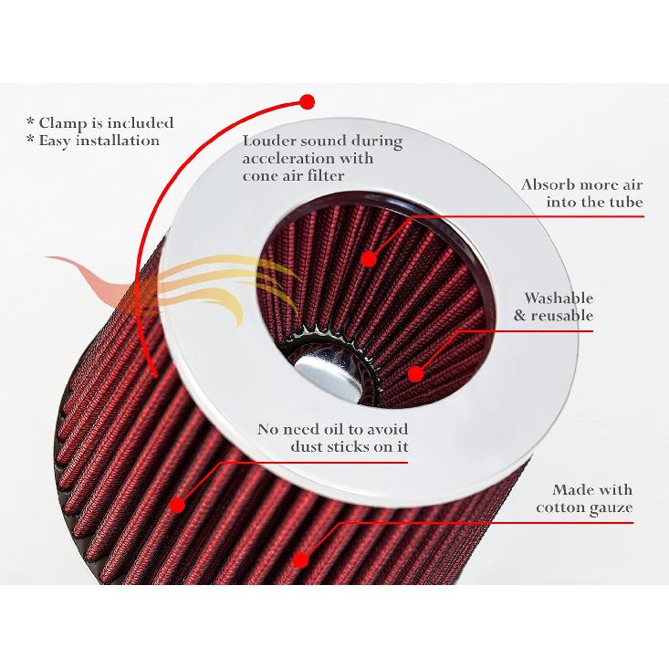 RED 3.5" 89 Mm Inlet Cold Air INTAKE Cone Replacement Performance Washable Clamp-On Dry Air Filter