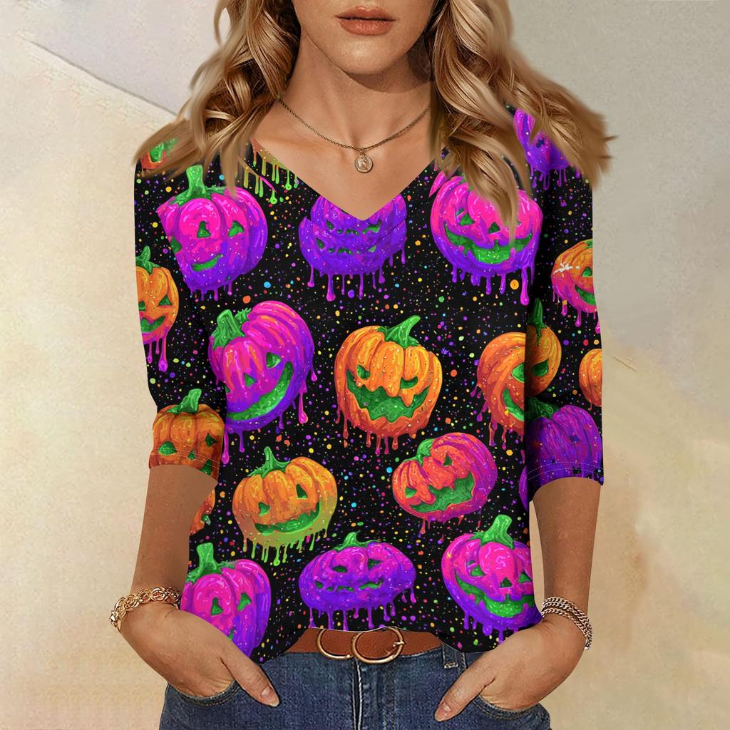 Women’s Casual V Neck Top with Three Quarter Sleeves and Halloween Themed Cat and Skull Floral Print for Everyday Wear
