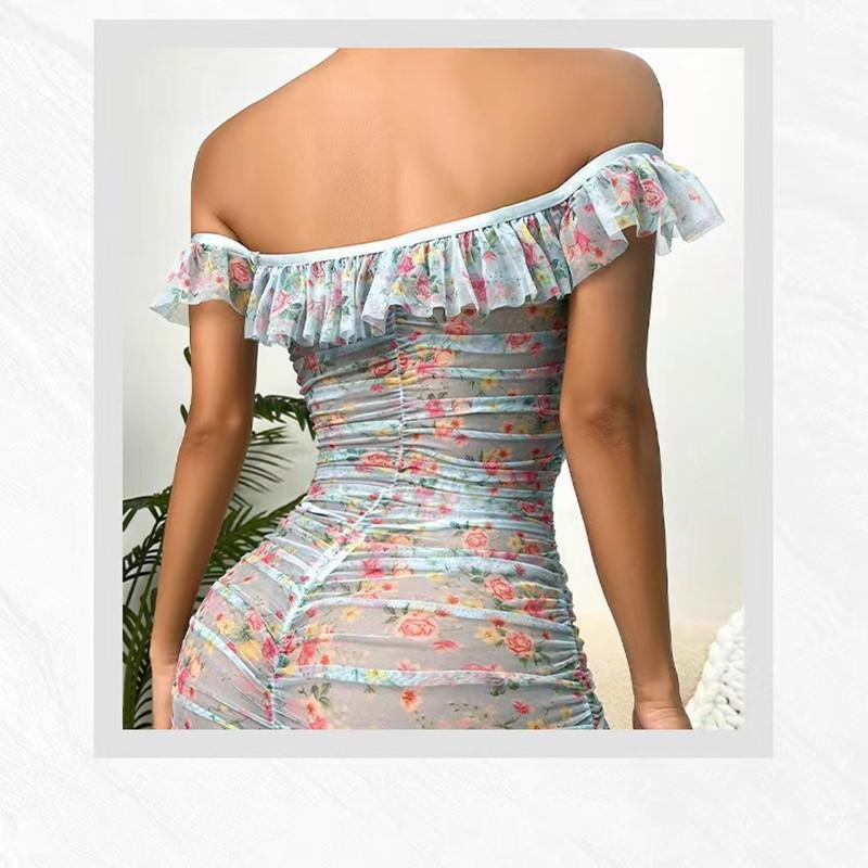 Rochie pliată cu un umăr, la modă și sexy pentru femei, rochie transparentă imprimată, care acoperă șoldul Fusta subțire sexy