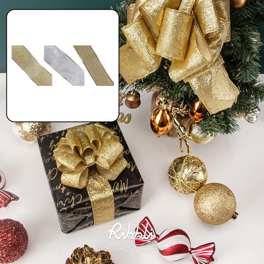 Wreath Bow Gold Glitter Ribbon Christmas Decorating Gift-wrapping Use Imitation Linen Material Shape-retaining