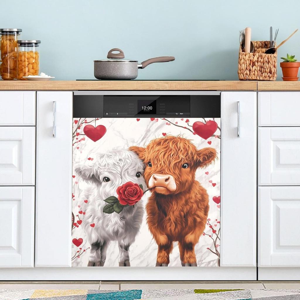 Kigai Highland Cow Valentine Dishwasher Magnet Cover Decorative Magnetic Dish Washer Front Door Cover Panel Decal Trimmable Magnet Sticker for