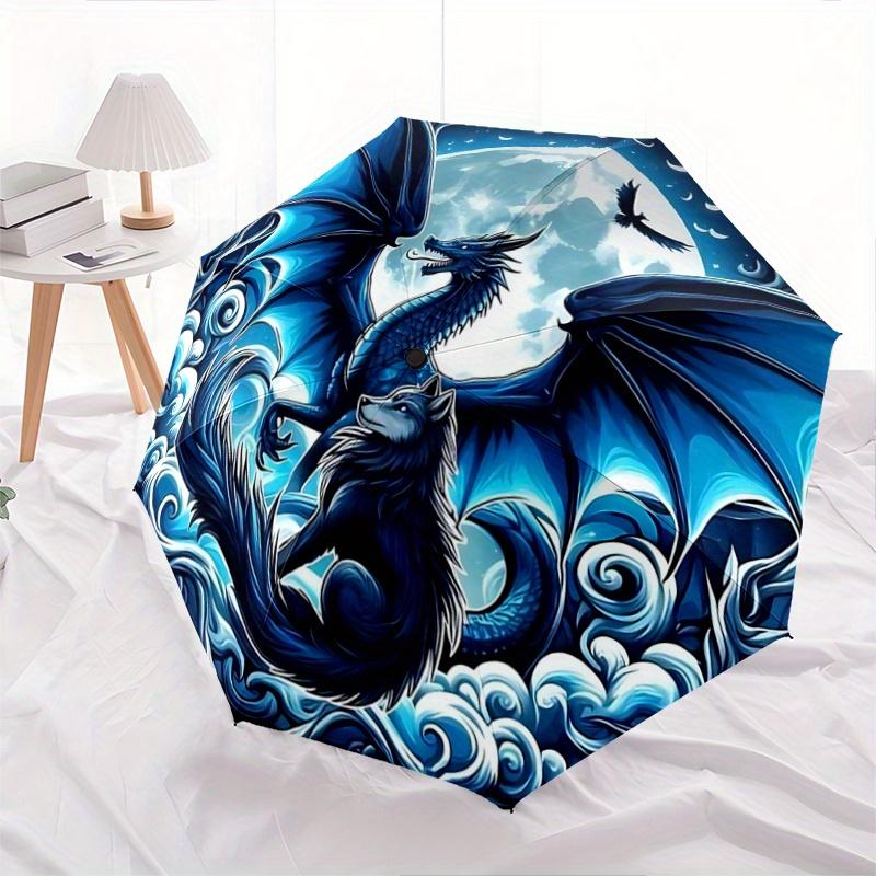 

1pc Dragon and Wolf in a Mystical Night Sky Automatic Opening and Closing Umbrella, Lightweight 3-Fold, With Cute Cartoon Characters, Suitable fo