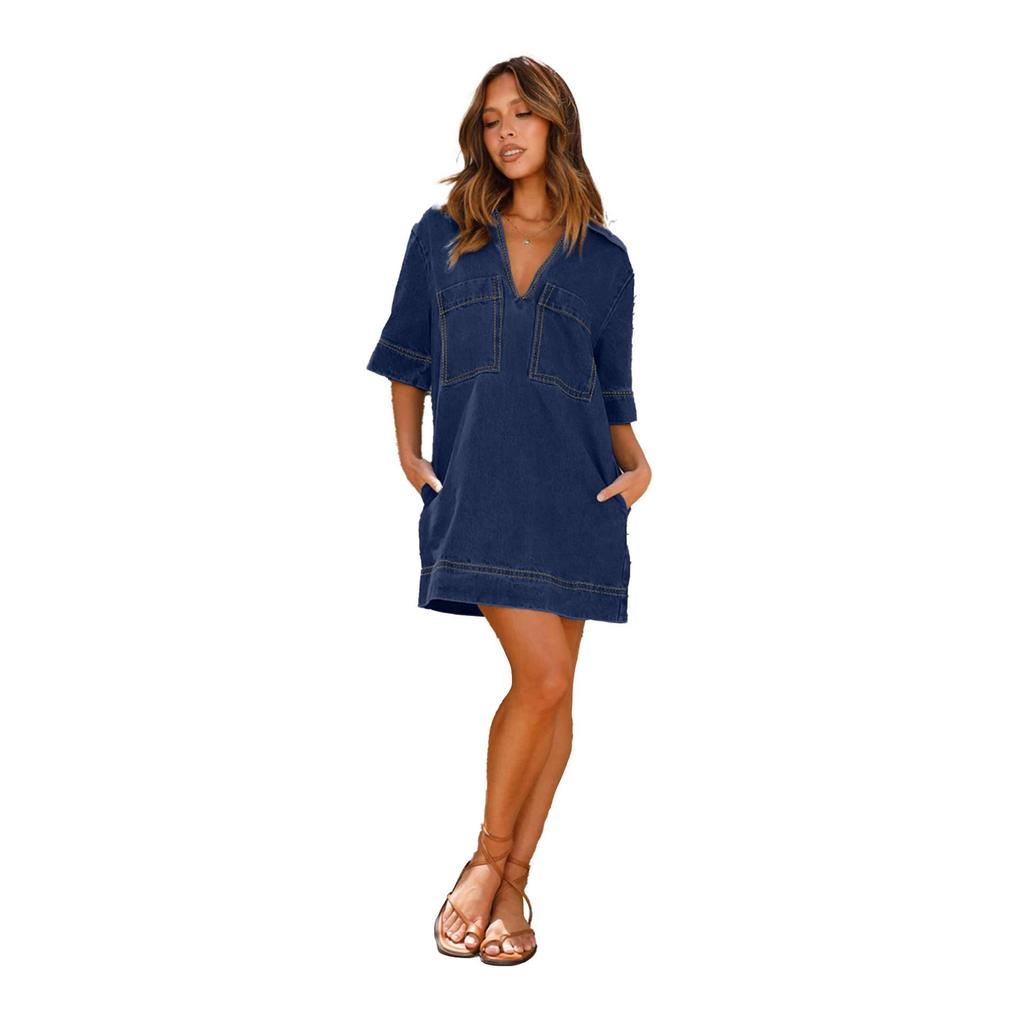 Women Spring Short Sleeve Turn-down Collar Dress Summer Casual Loose Above Knee Denim Dresses S-XL