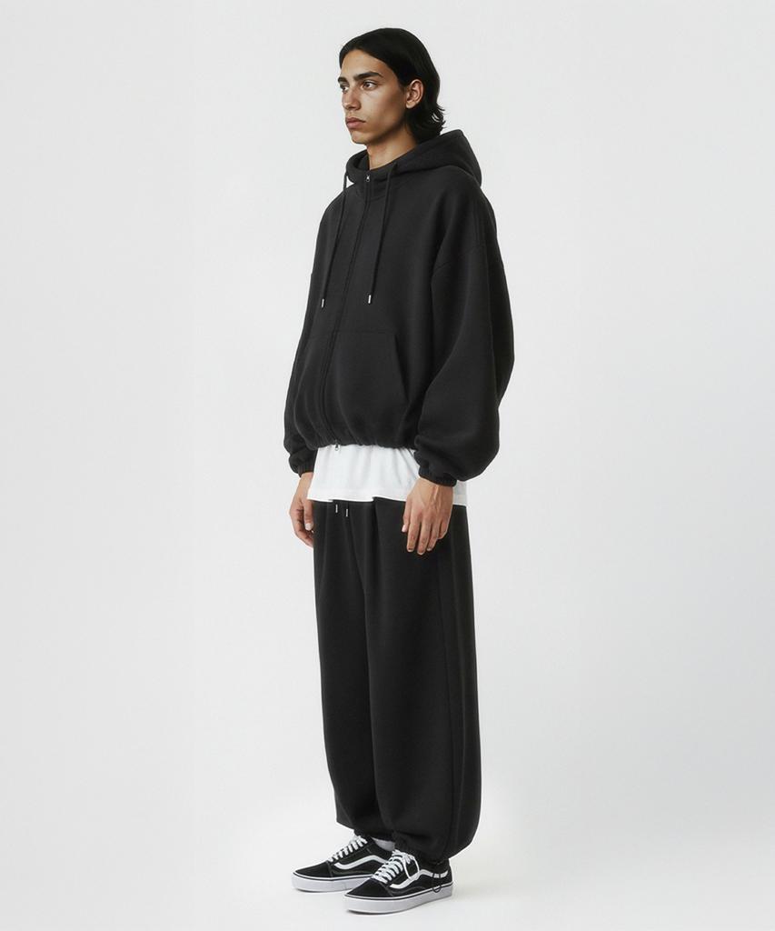 Prinoar [Set] String Overfit Two-Way Zip-Up Hoodie + Single-Pleat String Pants - Black