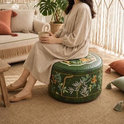 PU Leather Footstool Cover Green Round Pouf Cover New Floor Seat Cushion Home Use