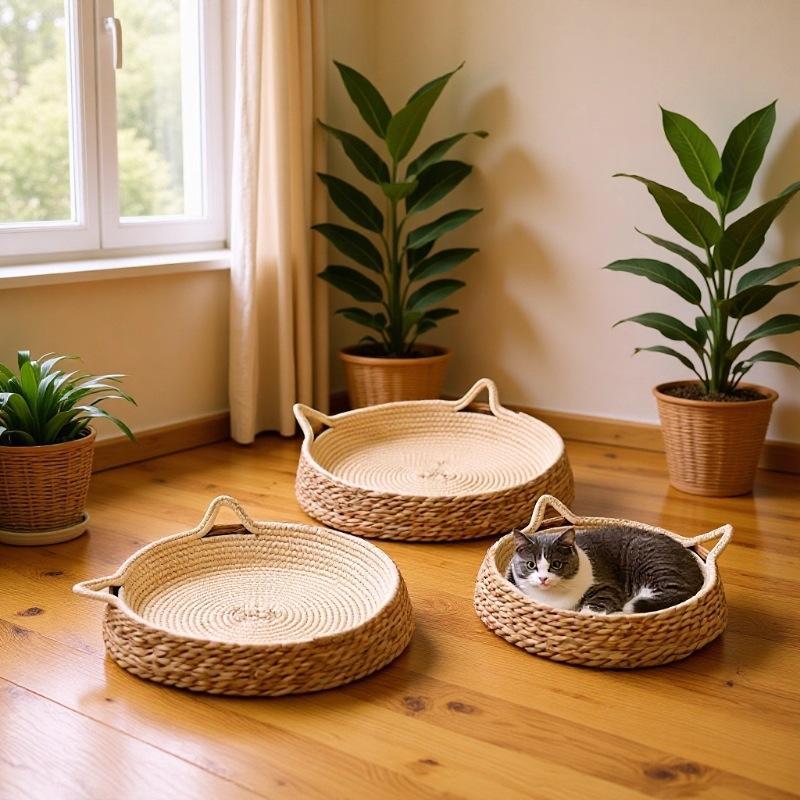 Rattan Woven Cat Bed Round Cat Scratcher Pad Wear Resistant Non Shedding Breathable Sleeping Nest For Indoor Cats All Season Use