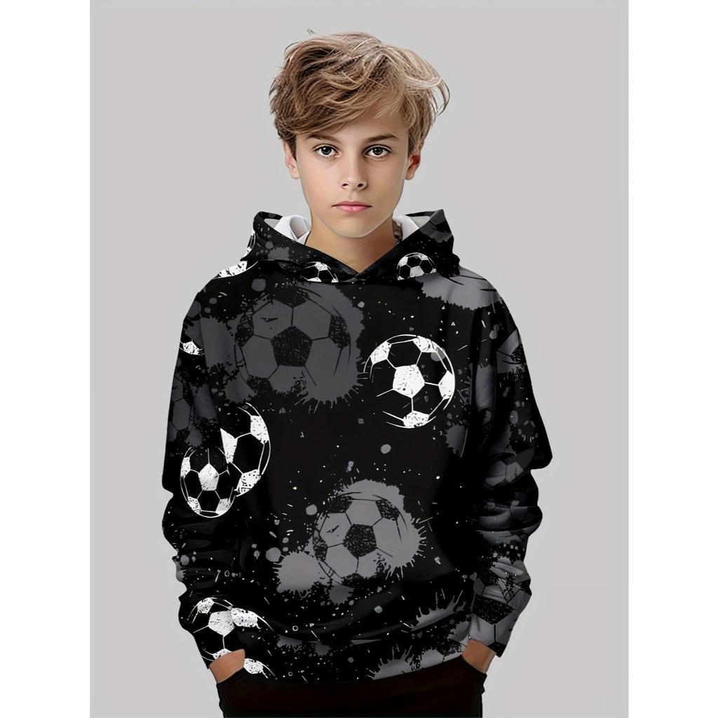 Boys' fashionable 3D printed casual football pullover, autumn and winter long sleeved sports shirt, boys' outdoor hoodie top