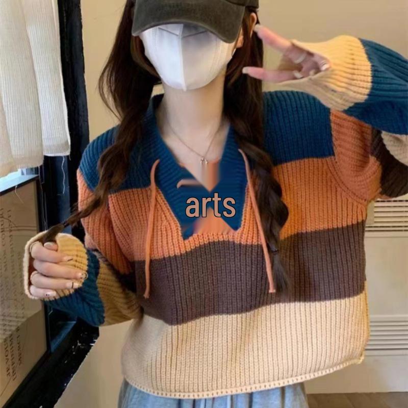 2025 Autumn Hong Kong Style Color Block Lace-Up Striped Knitted Pullover Sweater for Women