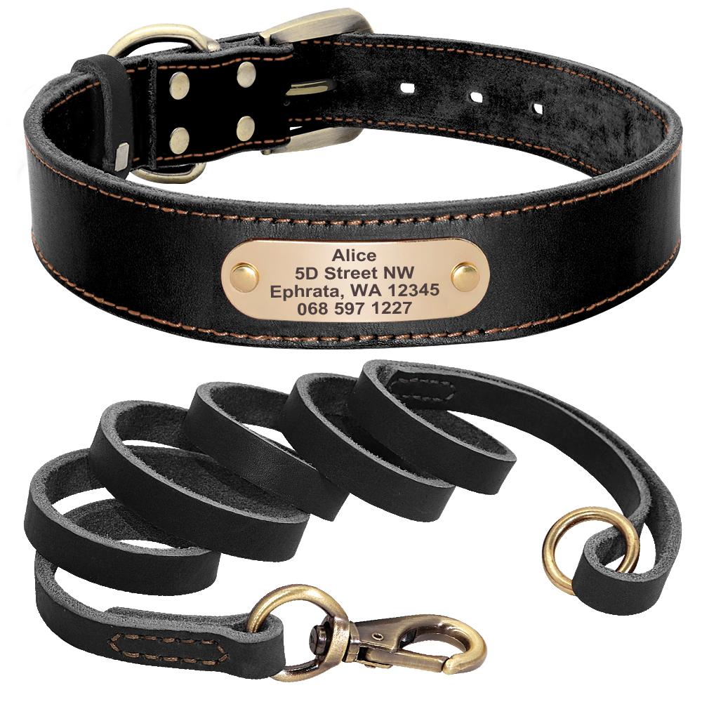 Personalized Dog Collar And Leash Set Real Leather Pet Collars Dogs Walking Lead Leash for Small Large Dogs Pitbull XXS-XL