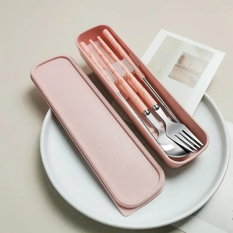 3Pcs/Set Portable Cutlery Set With Box Spoon Fork Chopsticks Set Stainless Steel Lunch Tableware Dinnerware Kitchen Accessories