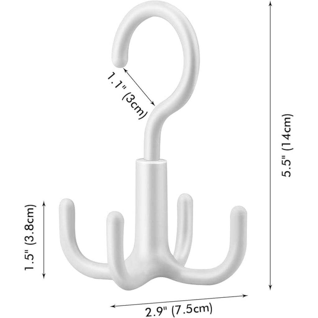 4 Pack 360 Rotatable Belt Hanger, Closet Rod Hooks with 4 Hooks for Belt, Tie, Hat, Scarf, Bag, Bra, Tank Top - White
